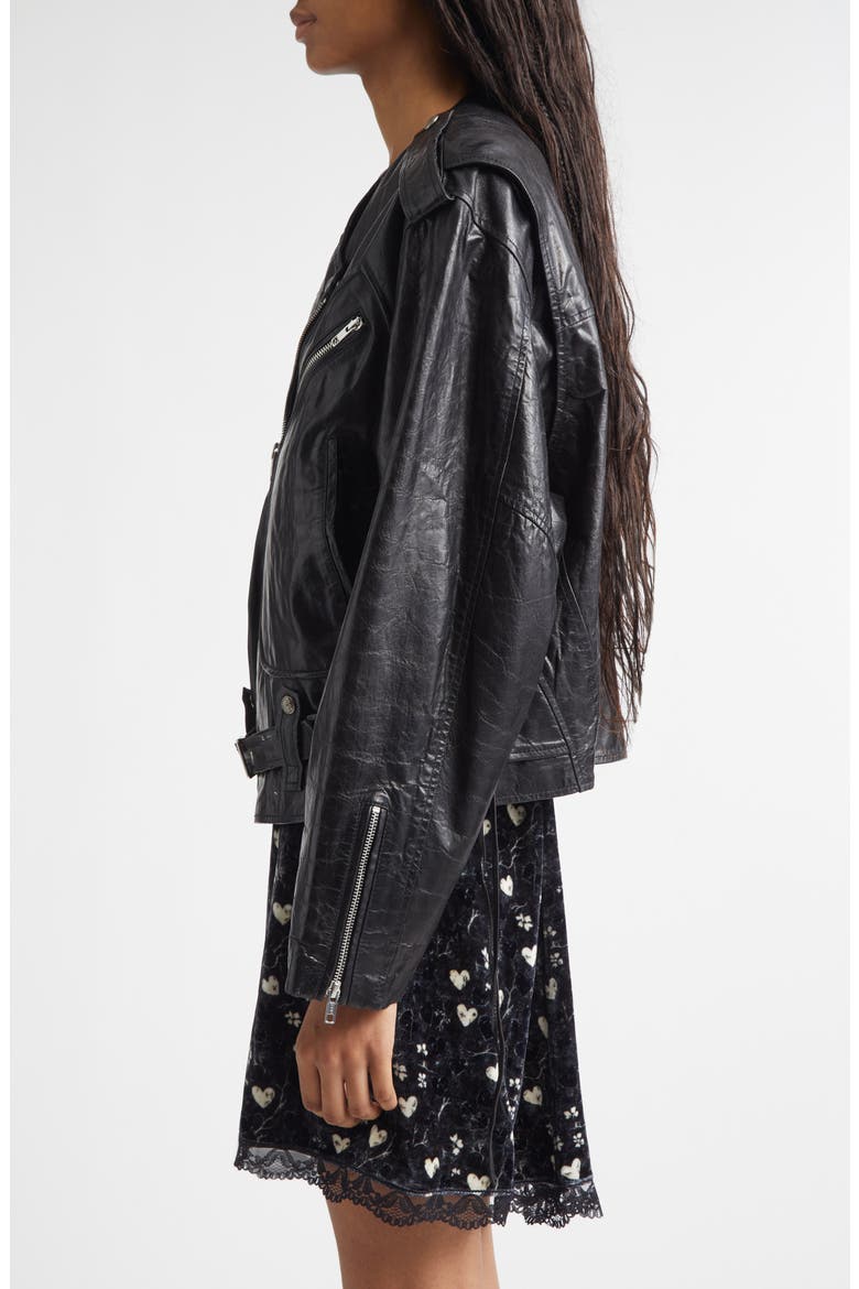 Belted Leather Moto Jacket, Alternate, color, BLACK