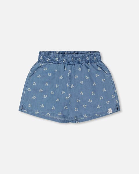 Little Girl's Printed Chambray Short Blue And White Cherries