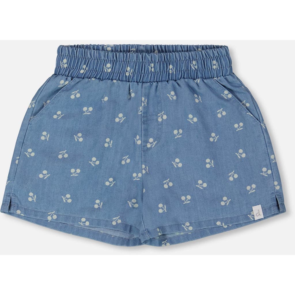 DEUX PAR DEUX DEUX PAR DEUX LITTLE GIRL'S PRINTED CHAMBRAY SHORT BLUE AND WHITE CHERRIES