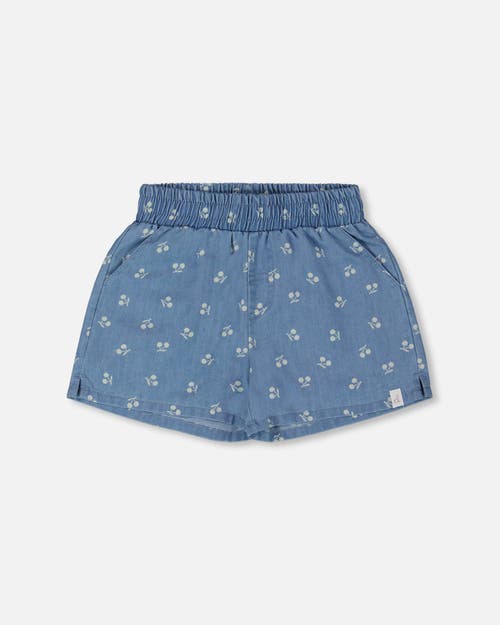 Deux Par Deux Baby Girl's Printed Chambray Short Blue And White Cherries In Blue And White Cherries