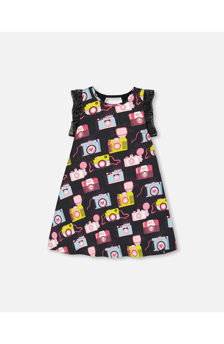 Deux par Deux Little Girl's Printed Dress With Mesh Sleeves Black, Main, color, 