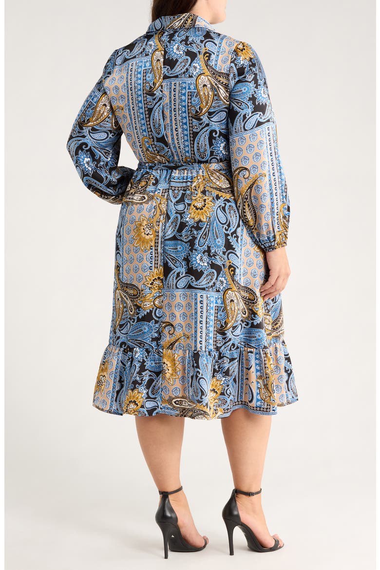 Long Sleeve Tie Belt Satin Shirtdress, Alternate, color, BLUE LAGOON MULTI