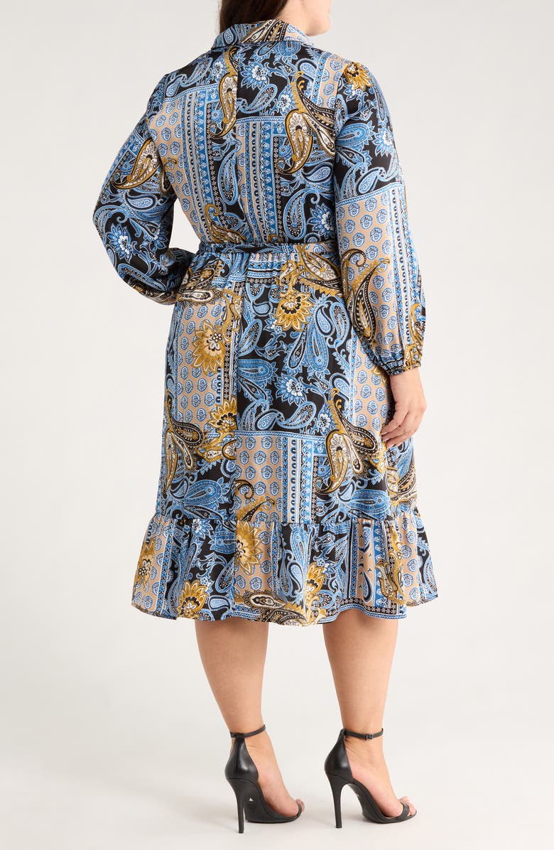 Jones New York Long Sleeve Tie Belt Satin Shirtdress, Alternate, color, Blue Lagoon Multi