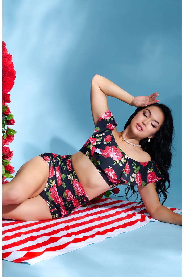 Monroe High Waist Bikini Bottom, Alternate, color, Black Cabbage Rose Print