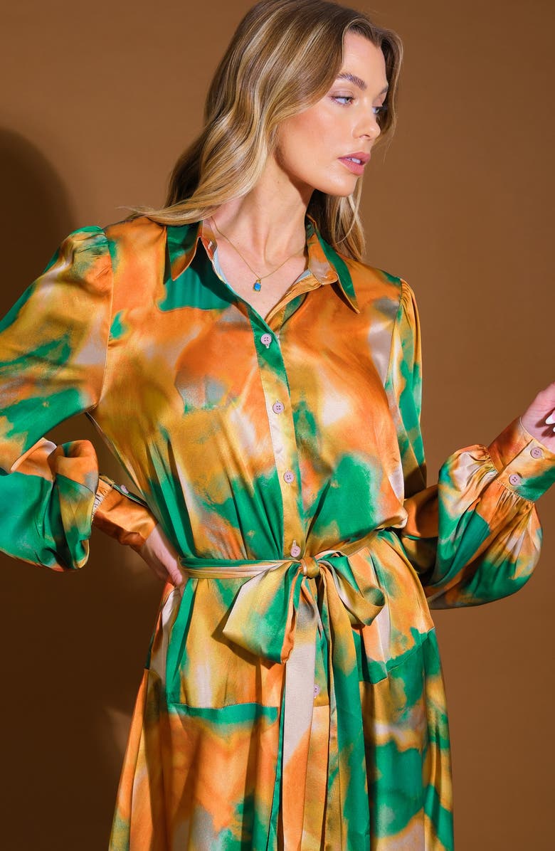 FLYING TOMATO Wanna Be Loved Long Sleeve Tie Waist Shirtdress, Alternate, color, Green Brown