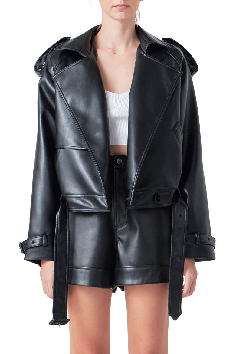 Faux Leather Trench Jacket, Main, color, BLACK