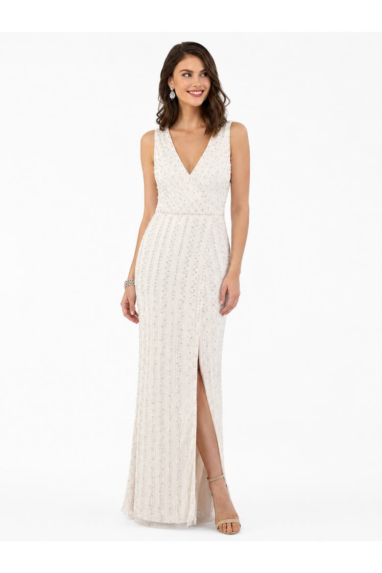 Beaded Faux-Wrap V-Neck Bridal Gown, Alternate, color, White