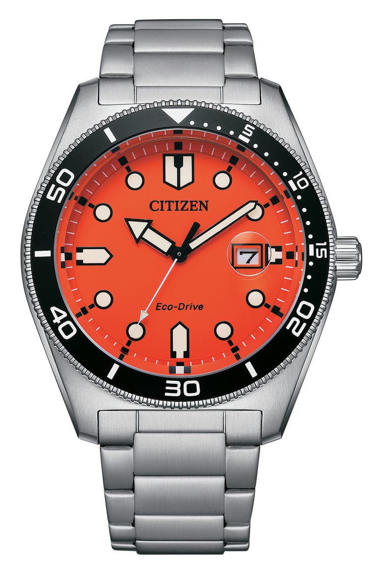 Eco Drive Classic Sporty Stainless Steel Bracelet Watch, 43mm, Main, color, SILVER/ RED