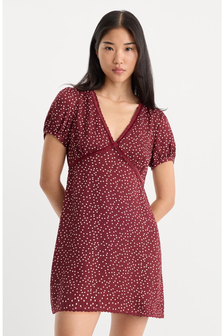 Lace Trim V-Neck Minidress, Alternate, color, BERRY NOIR PRINT