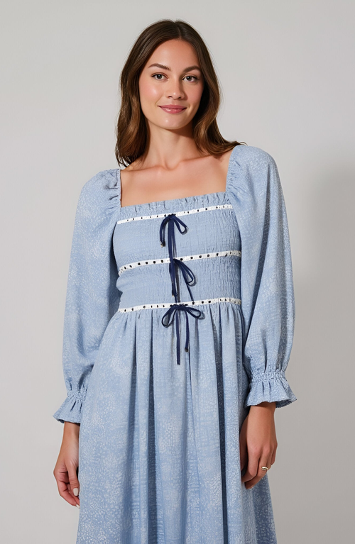 Modenaire Paisley Print Smocked Bodice Midi Dress With Bow Accents In Blue