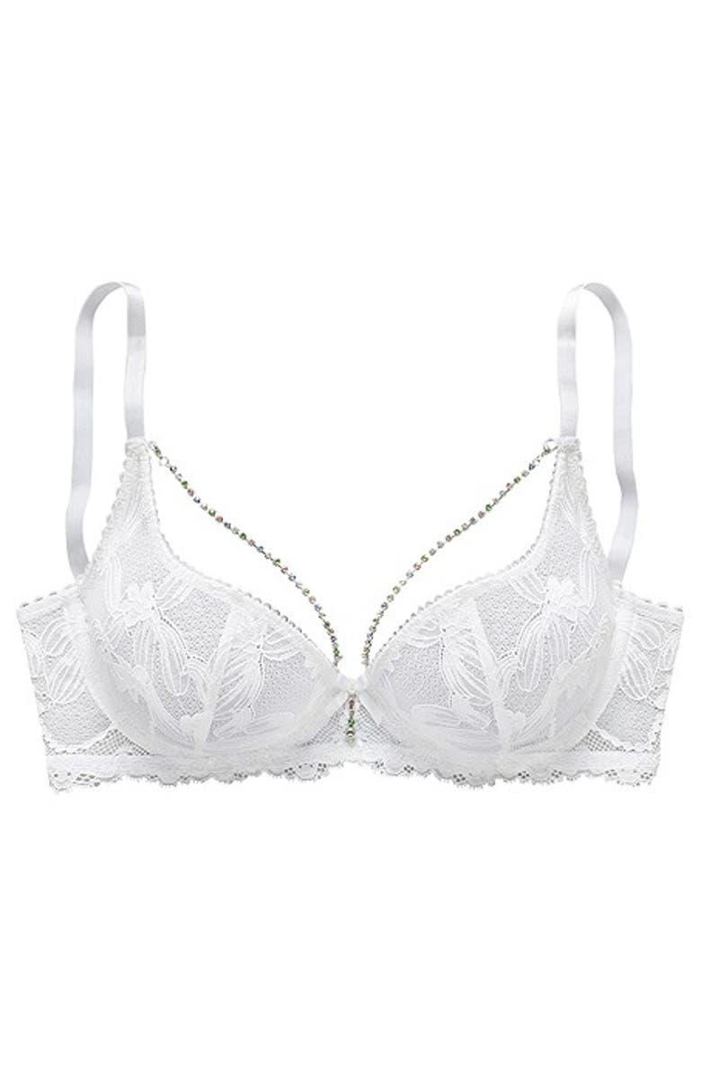 LASCANA Women's Rhinestone Chain Lace Bra, Alternate, color, White