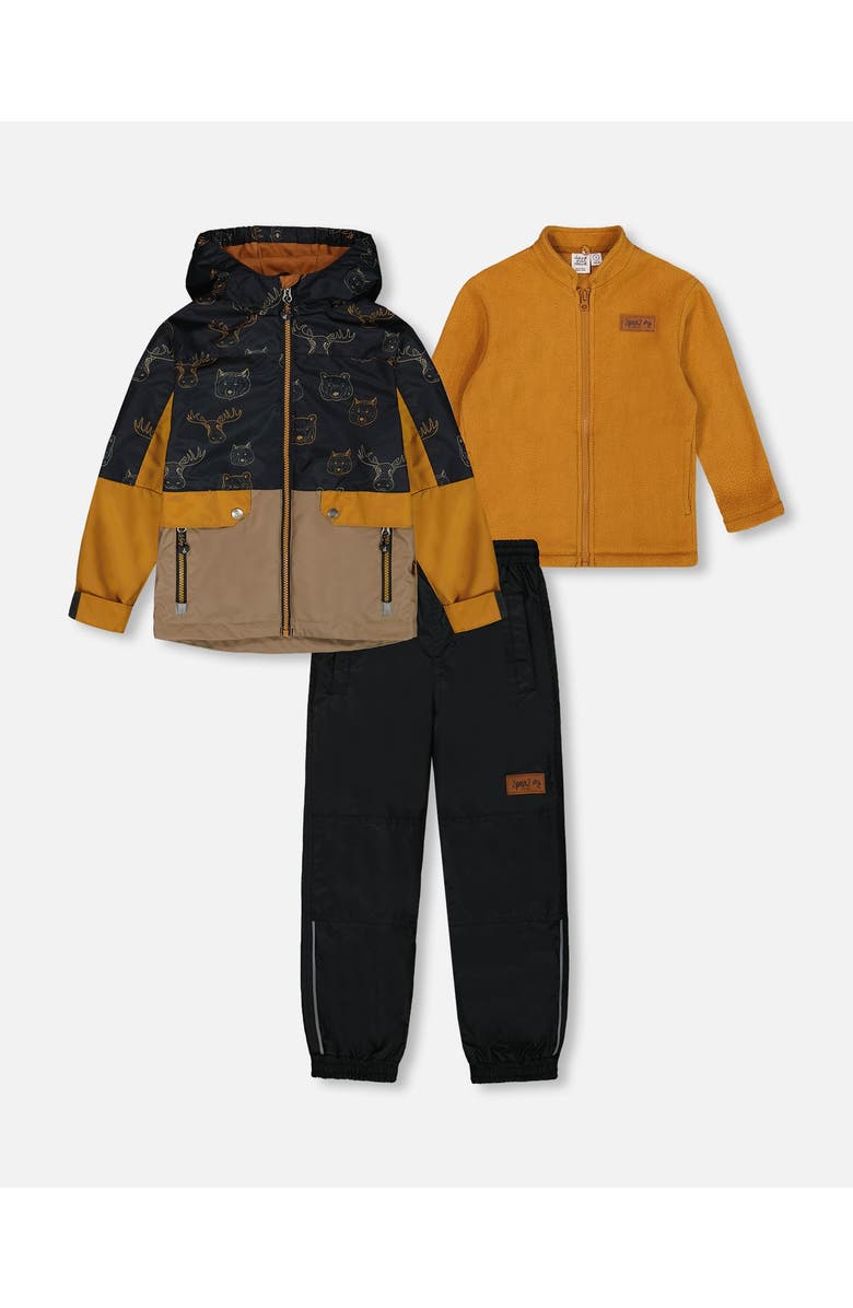 Deux par Deux Little Boy's 3-In-1 Mid-Season Outerwear Set With Colorblock Jacket Beige Animals On Black Background, Main, color, 