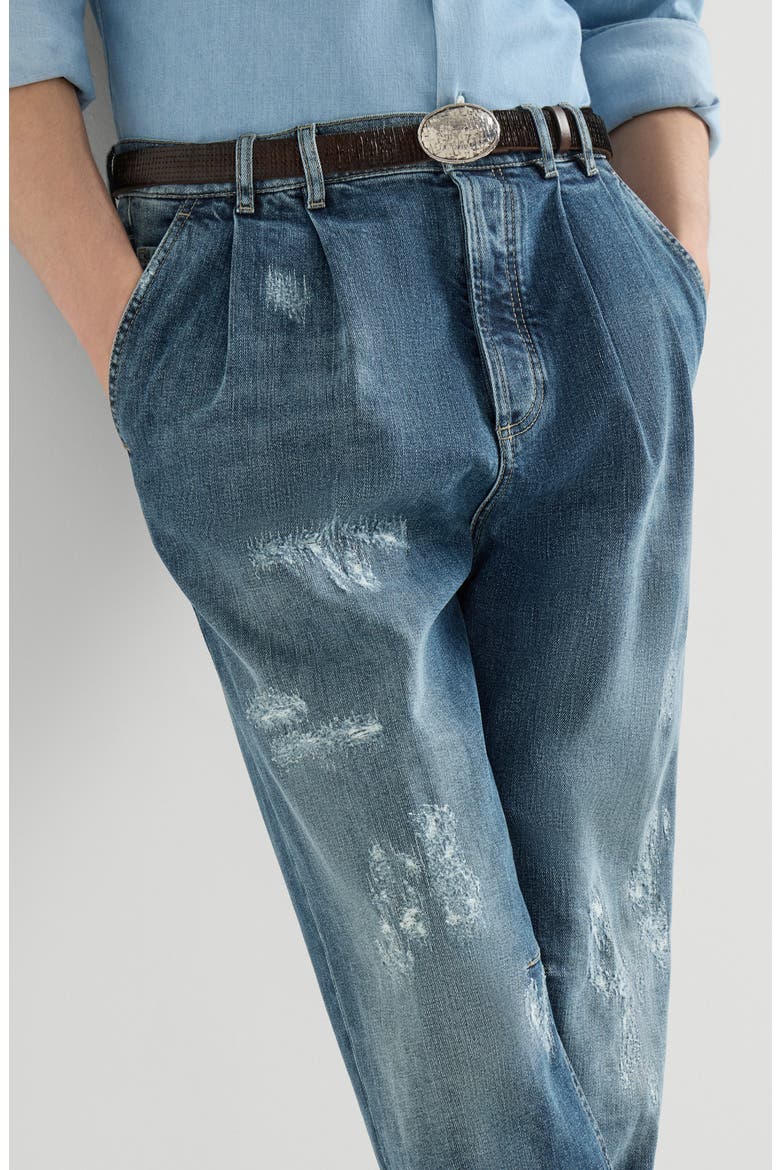 Comfort cotton denim iconic fit five-pocket trousers with double pleats and rips, Alternate, color, Medium Denim