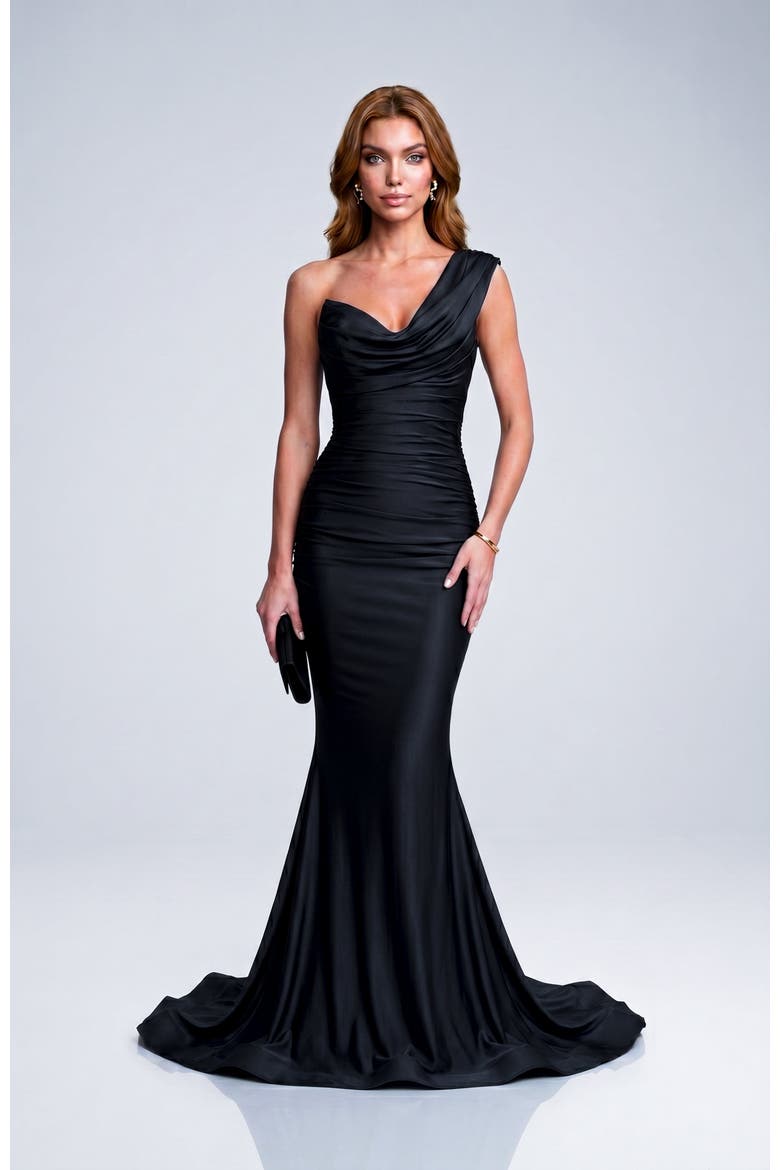 Strapless Layered Tulip Bodice Mermaid Evening Gown, Alternate, color, Black