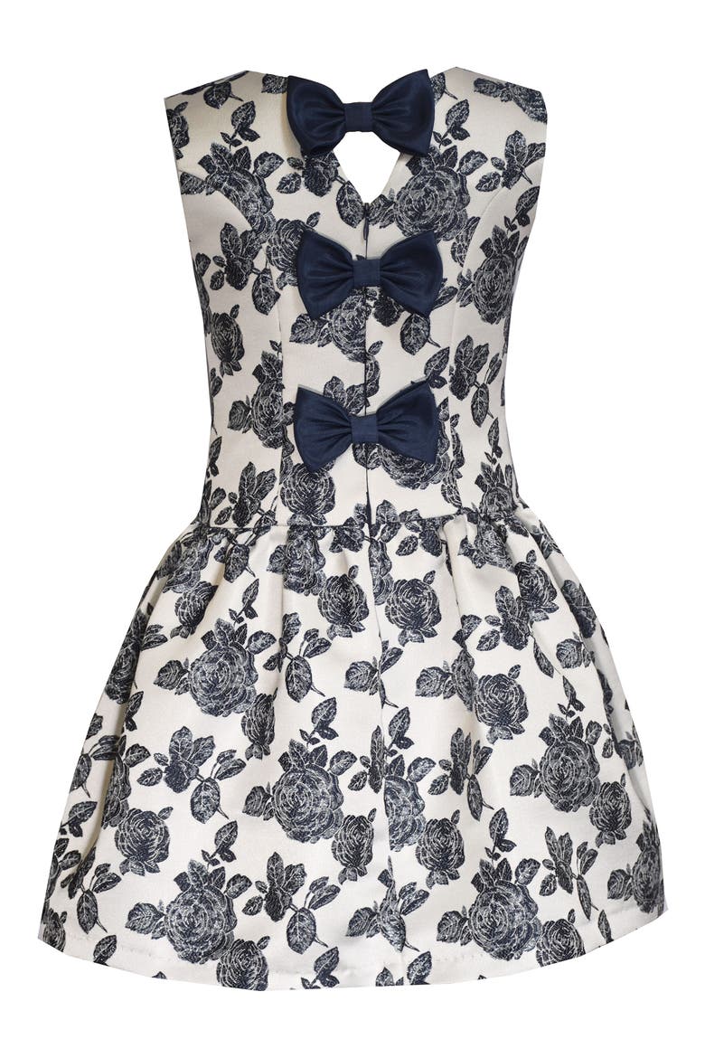 Kids' Jacquard Bow Party Dress, Alternate, color, WHITE NAVY FLORAL