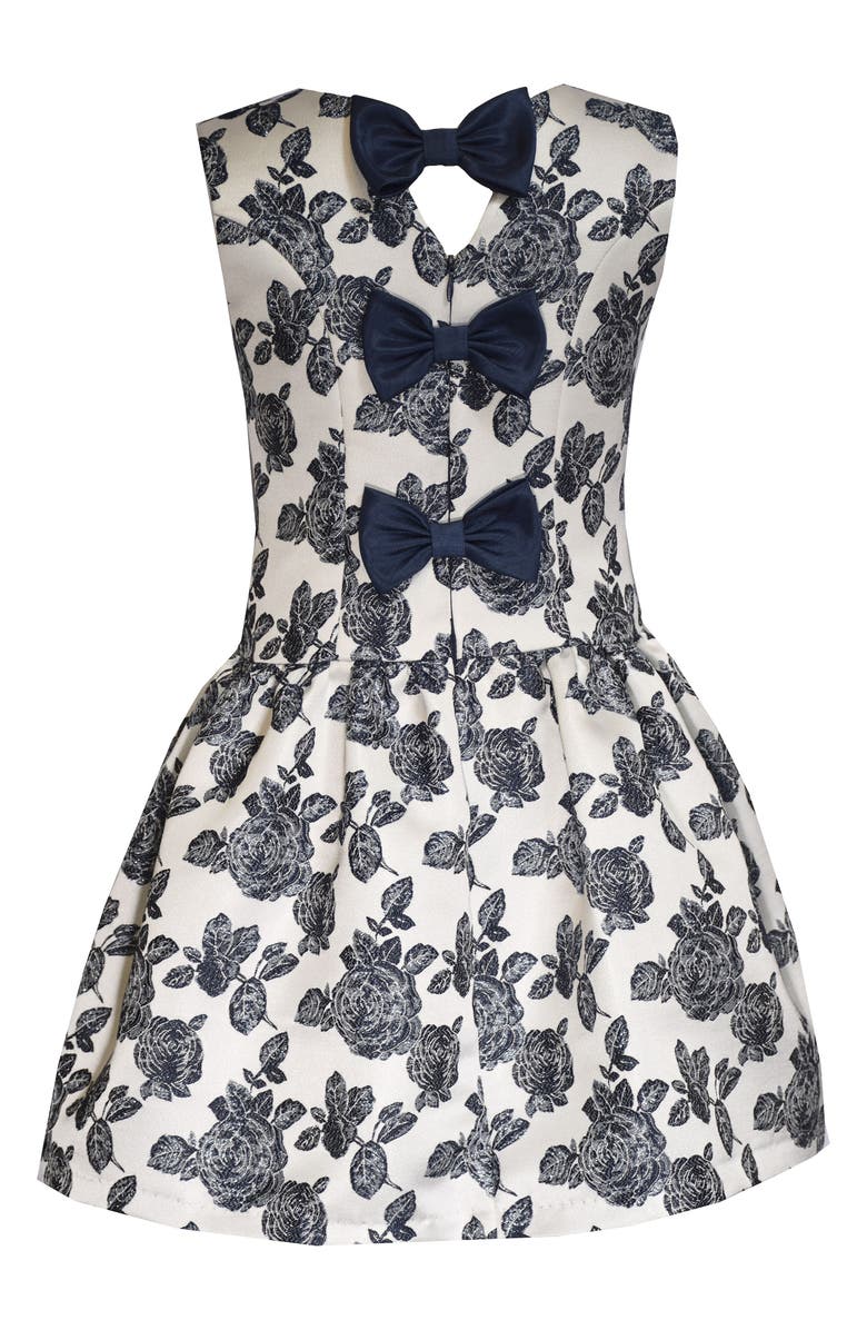 Iris & Ivy Kids' Jacquard Bow Party Dress, Alternate, color, White Navy Floral