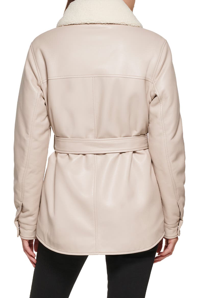 Faux Leather Tie Belt Shacket with Removable Faux Shearling Collar, Alternate, color, BONE