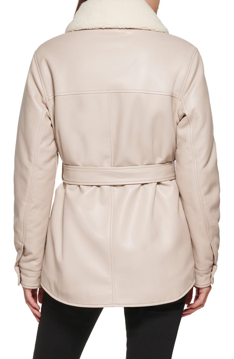 Kenneth Cole Faux Leather Tie Belt Shacket with Removable Faux Shearling Collar, Alternate, color, Bone