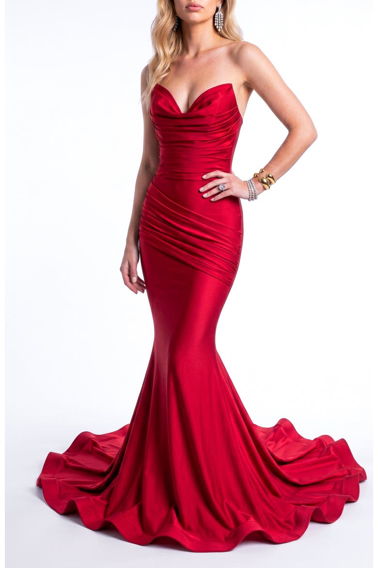 Ruched Cowl Neck Mermaid Gown With Train, Main, color, Red