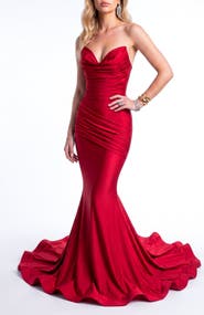 Jessica Angel Ruched Cowl Neck Mermaid Gown With Train