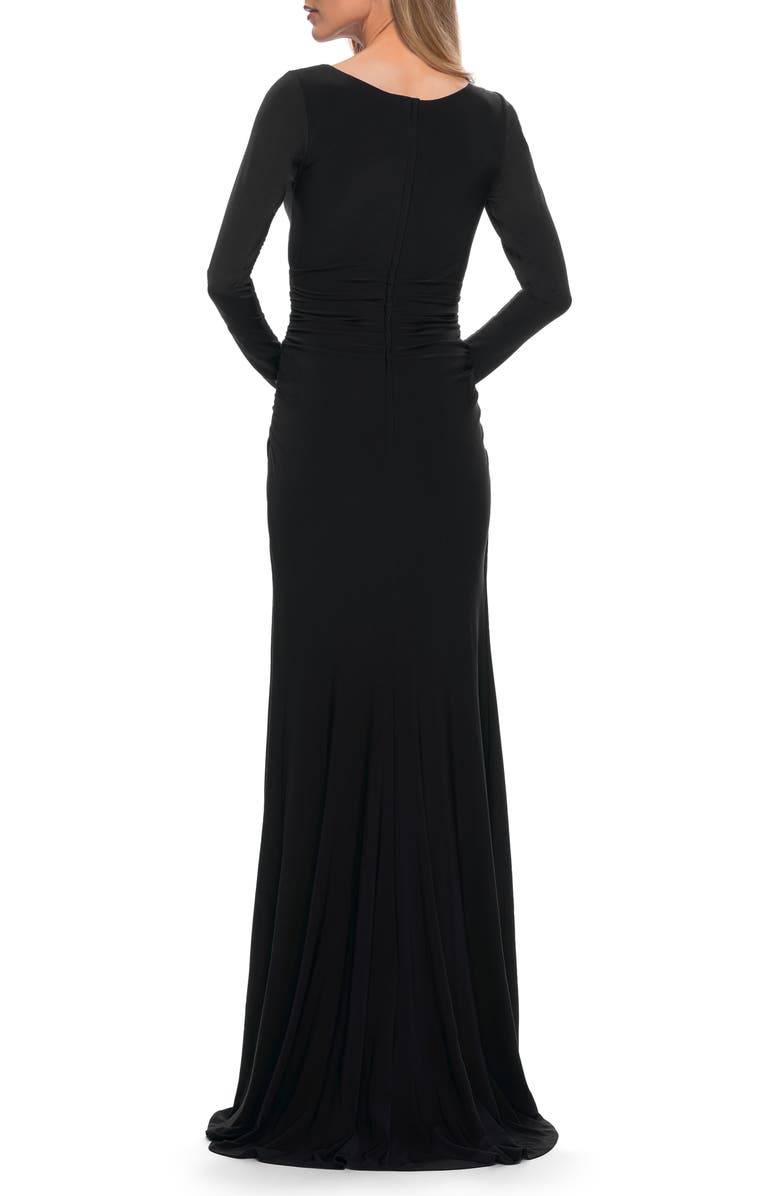 La Femme Long Sleeve Ruched Jersey Gown, Alternate, color, 