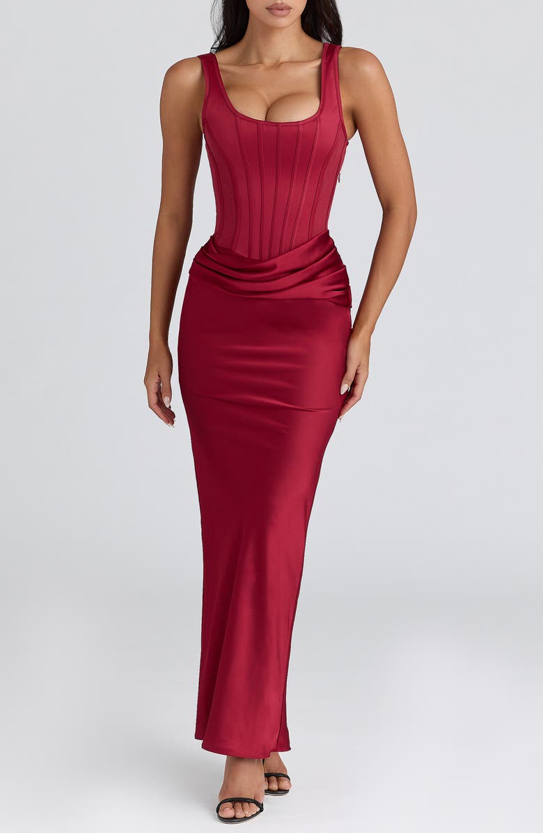 HOUSE OF CB Kira Corset Bodice Satin Gown, Main, color, Red