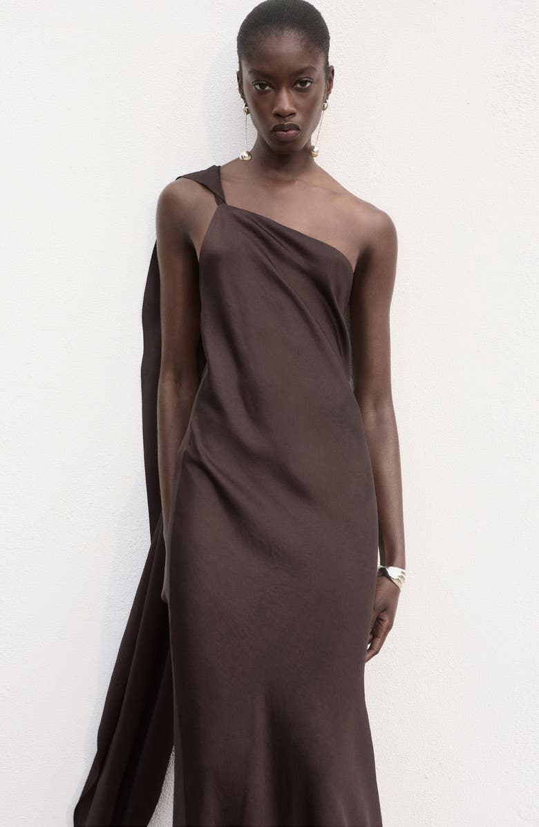 MANGO Asymmetric Satin Dress, Alternate, color, Brown