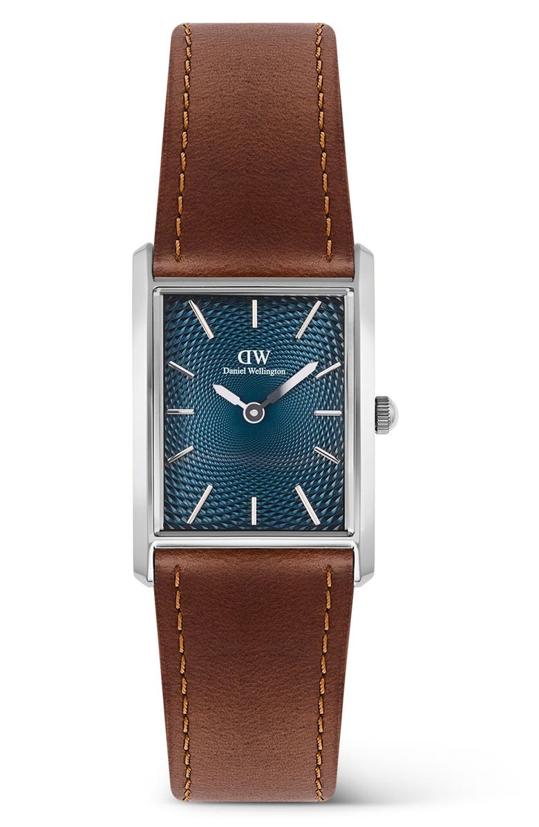 Daniel Wellington Bound Tank Leather Strap Watch, 24mm x 35mm, Main, color, Silver-Tone