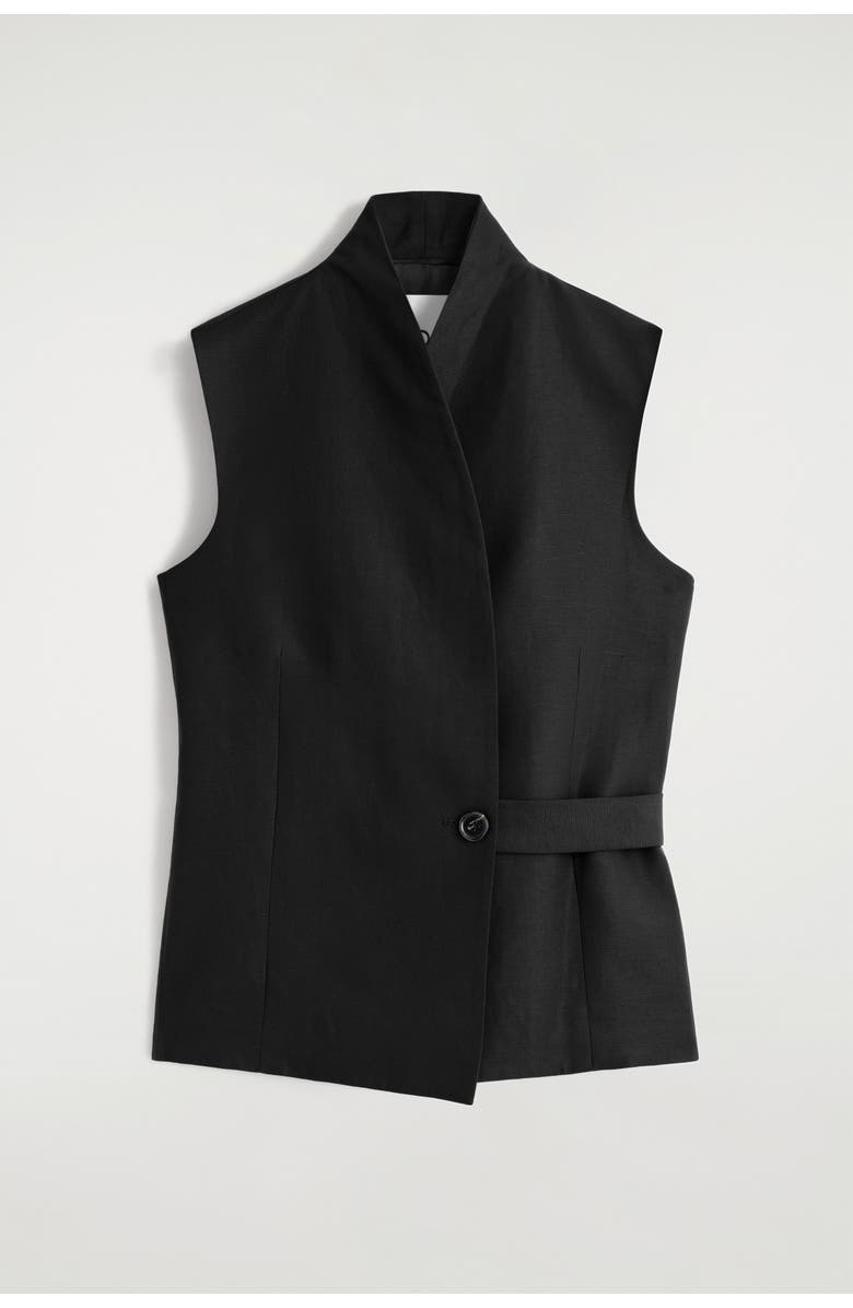 COS Shawl-collar Belted Linen-blend Waistcoat, Alternate, color, Black