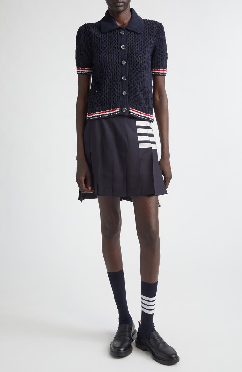 Thom Browne Hector Icon Pointelle Stitch Crop Cardigan, Alternate, color, Navy