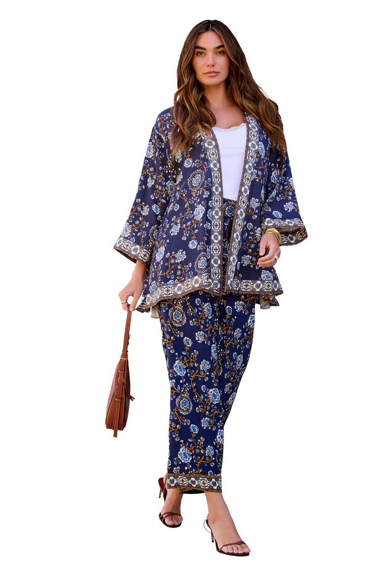Plus Size Border Print Long Sleeve Open Front Jacket, Main, color, NAVY VINE FLORAL BORDER