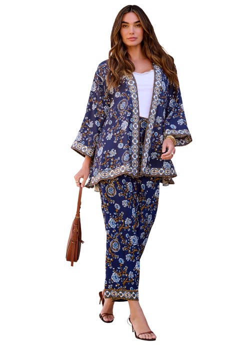 Plus Size Border Print Long Sleeve Open Front Jacket
