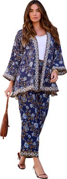Roaman's Plus Size Border Print Long Sleeve Open Front Jacket