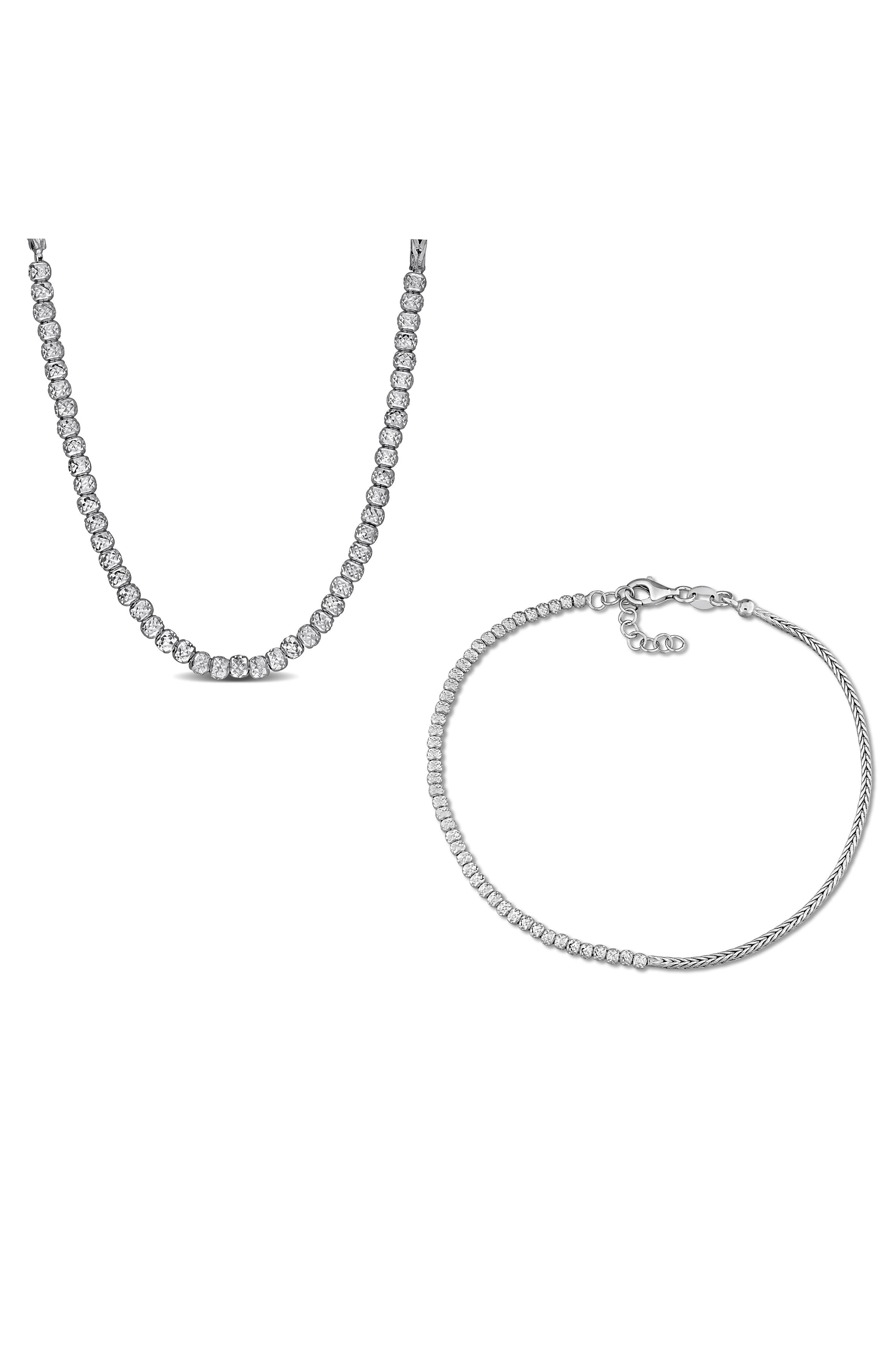 DELMAR 2.5mm Faceted Bead & 1.7mm Wheat Chain Necklace & Bracelet Set
