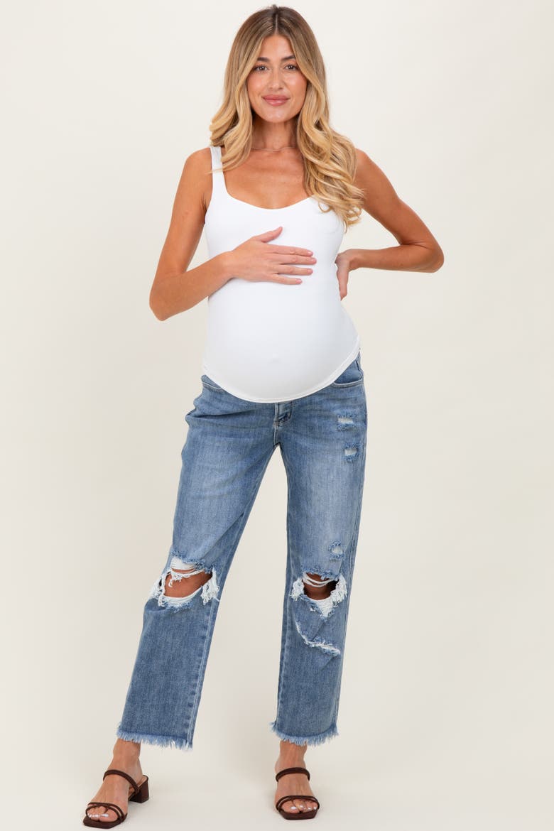 Ripped Knee Fringe Hem Straight Leg Maternity Ankle Jeans, Alternate, color, Blue