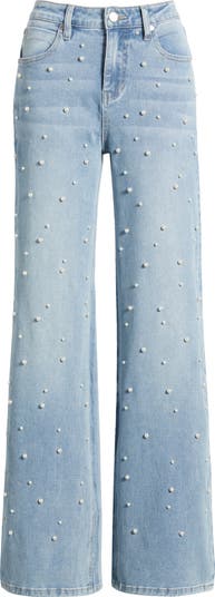 【THEAIRTOWN】 pearl flare sk ♥2color PTCL High Waist Faux Pearl Flare Leg Jeans | Nordstrom