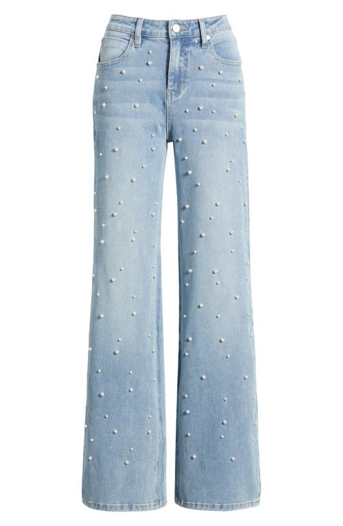 Ptcl High Waist Faux Pearl Flare Leg Jeans In Indigo