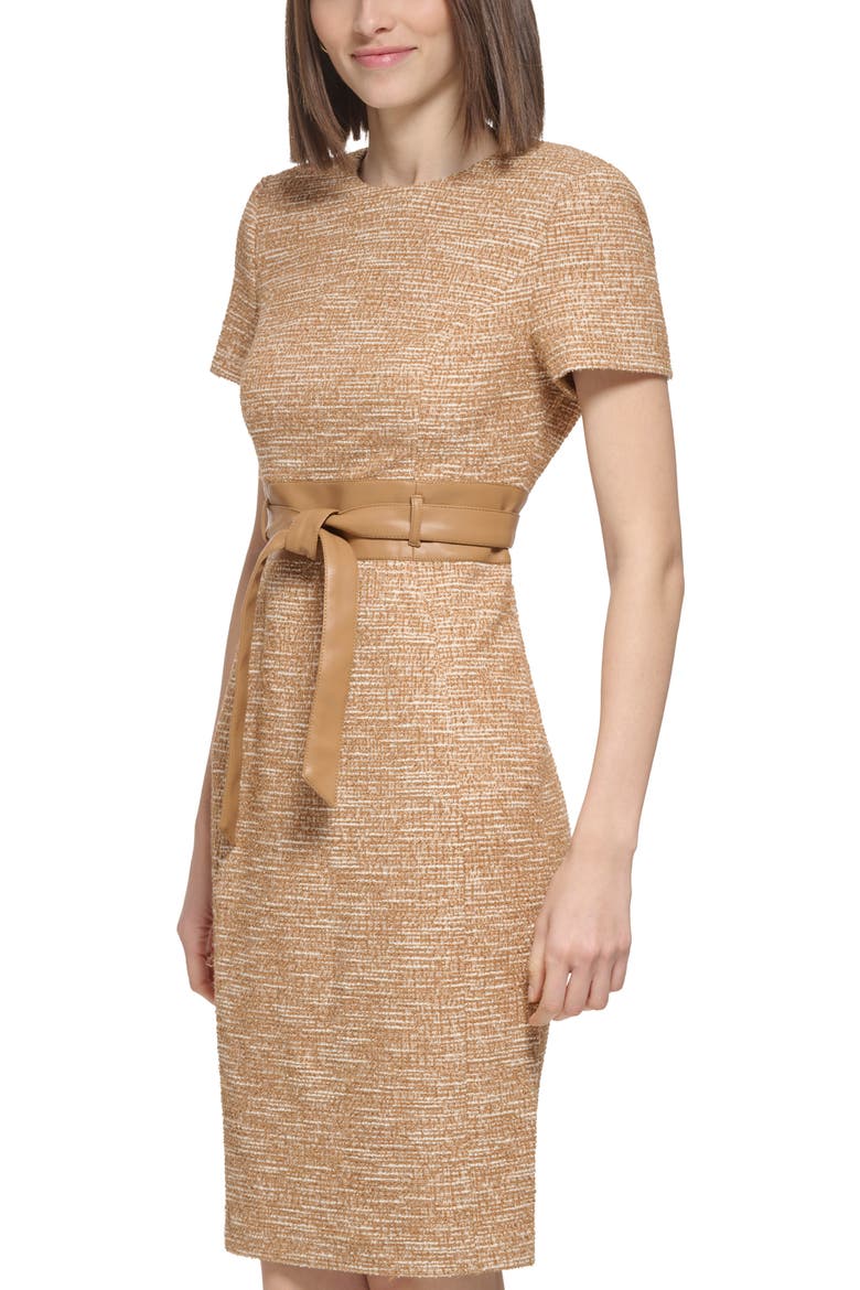 SS BELTED TWEED SHEATH, Alternate, color, LUGGAGE/ CREAM