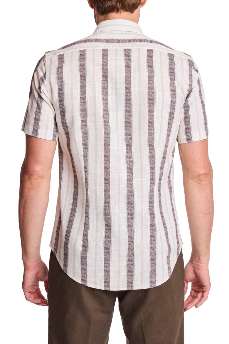 Sawyer Short Sleeve Linen Blend Button-Up Shirt, Alternate, color, TAN BROWN STRIPES