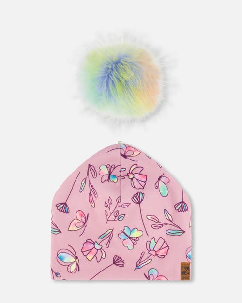 Deux Par Deux Girl's Printed Jersey Detachable Pompom Hat Lilac And Multicolored Butterfly In Lilac And Multicolor Butterfly