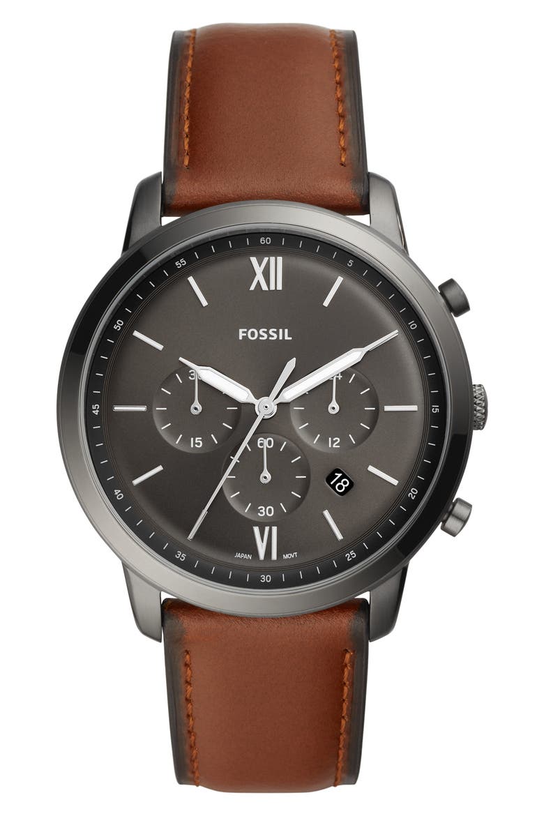 Neutra Chronograph Leather Strap Watch, 44mm, Main, color, BROWN/ GREY/ SMOKE