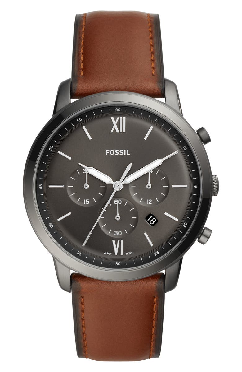 Fossil Neutra Chronograph Leather Strap Watch, 44mm, Main, color, Brown/ Grey/ Smoke