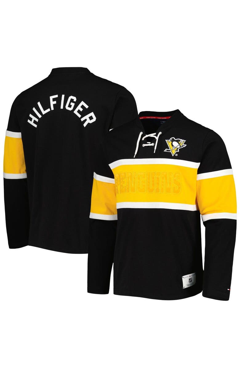 Tommy Hilfiger Men's Tommy Hilfiger Black Pittsburgh Penguins Walter Lace-Up Long Sleeve Top, Main, color, 