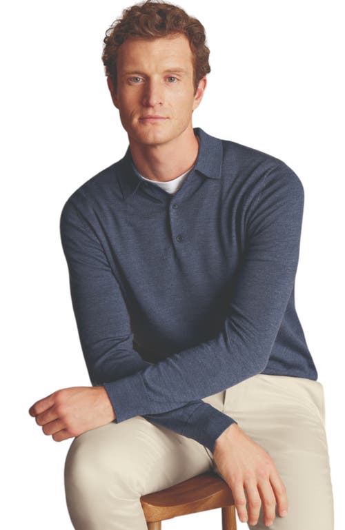Shop Charles Tyrwhitt Merino Polo Long Sleeve Sweater In Indigo Blue