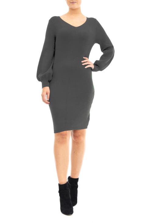 V-Neck Balloon Sleeve Sweater Dress
