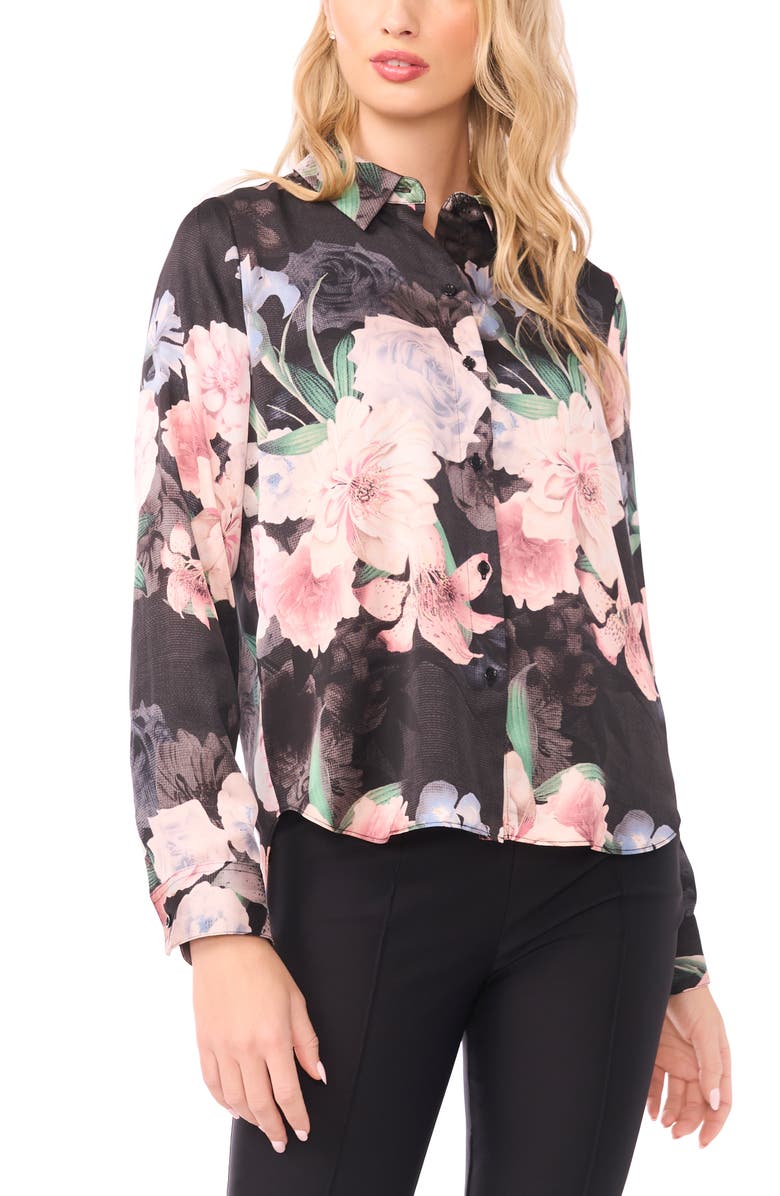 Ted Baker Casery Floral Georgette Button-Up Shirt, Main, color, Black/ Coral Pink Multi