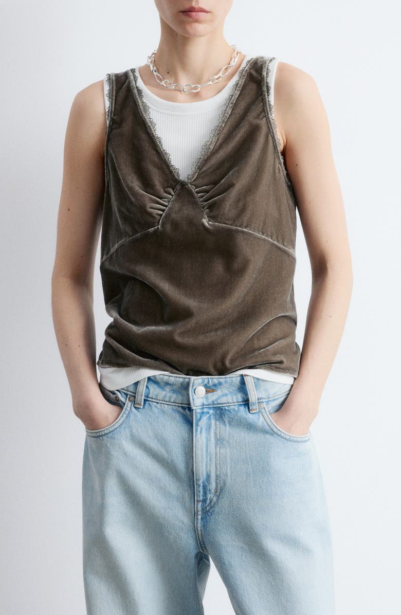 & Other Stories Lace Trim Velvet Tank, Main, color, Mole Dark