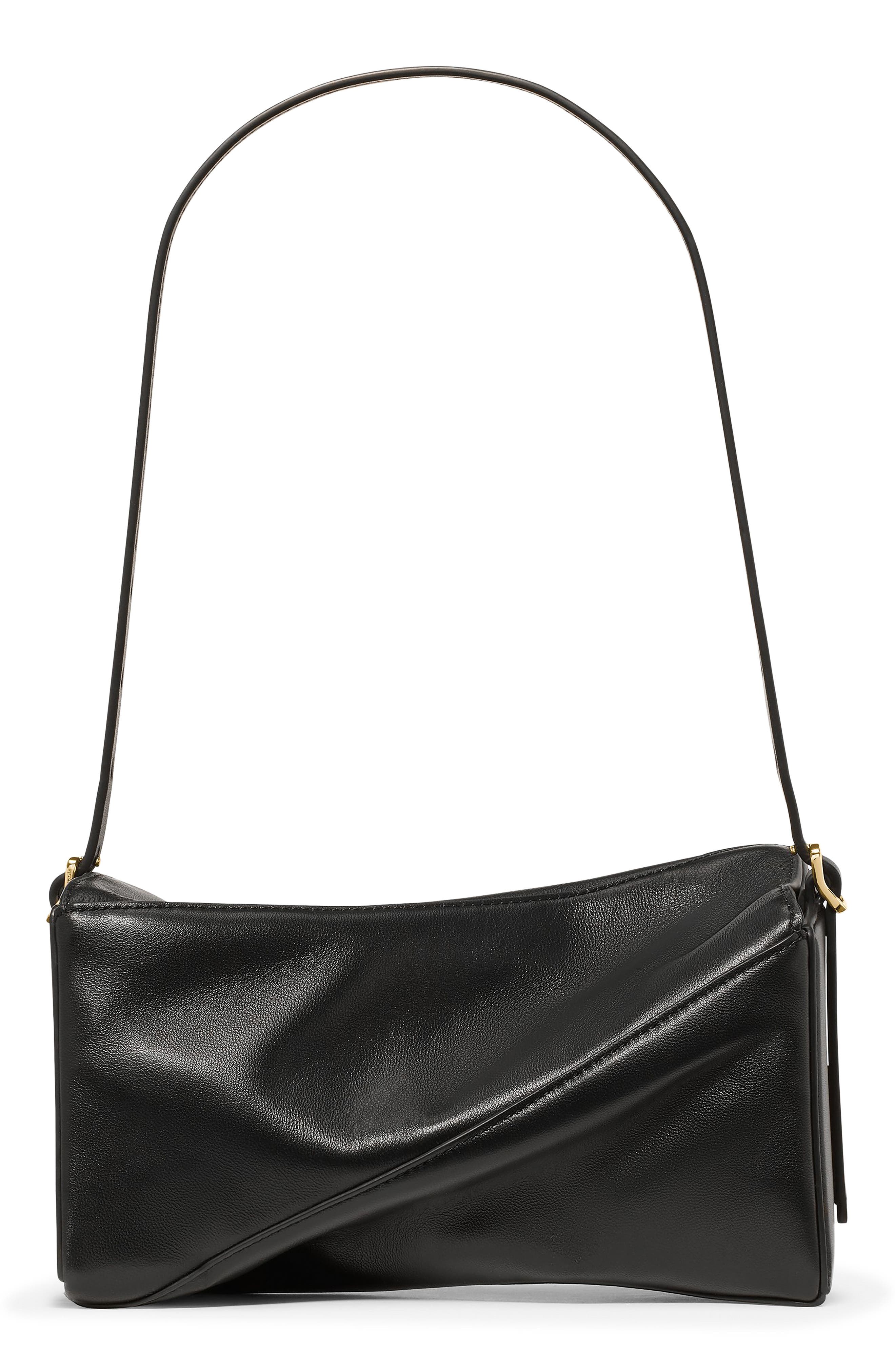 Deco Smooth Leather Twisted Flap Shoulder Bag, Alternate, color, BLACK