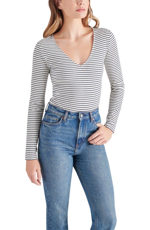 Steve Madden Stripe Long Sleeve V-neck Bodysuit In White/maritime Blue