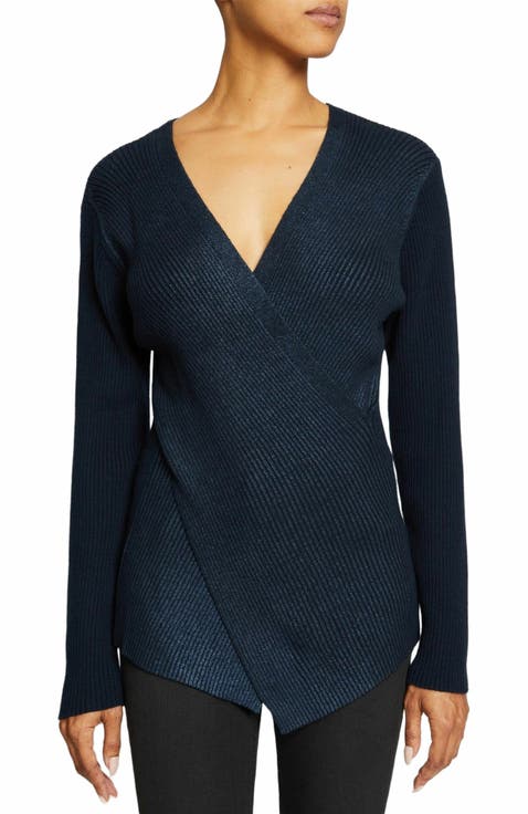 STACY Crossover V-Neck Sweater in Coated Wool Blend